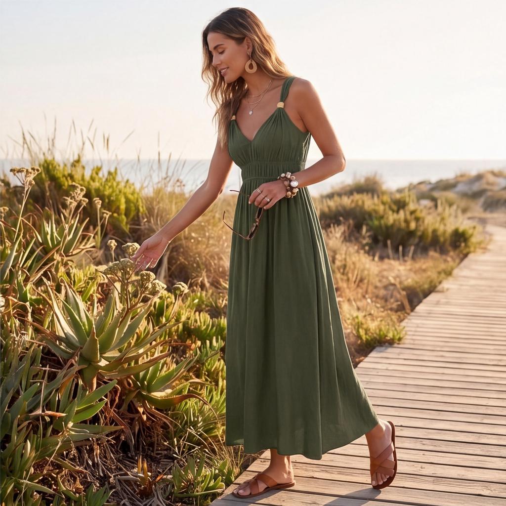 Abito Lungo Estivo da Donna Senza Maniche Scollo a V Vita Stretta Spiaggia Vacanza Casual Svasato Linea ad A Abito Lungo Maxi
