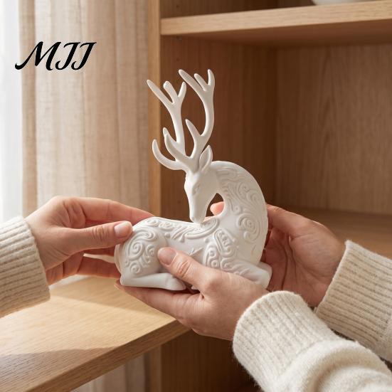 Christmas Table Centerpieces 3D Printed Deer Figurine, White Sitting Stag Sculpture with Antlers, Indoor Entryway Displays Minimalist Tabletop