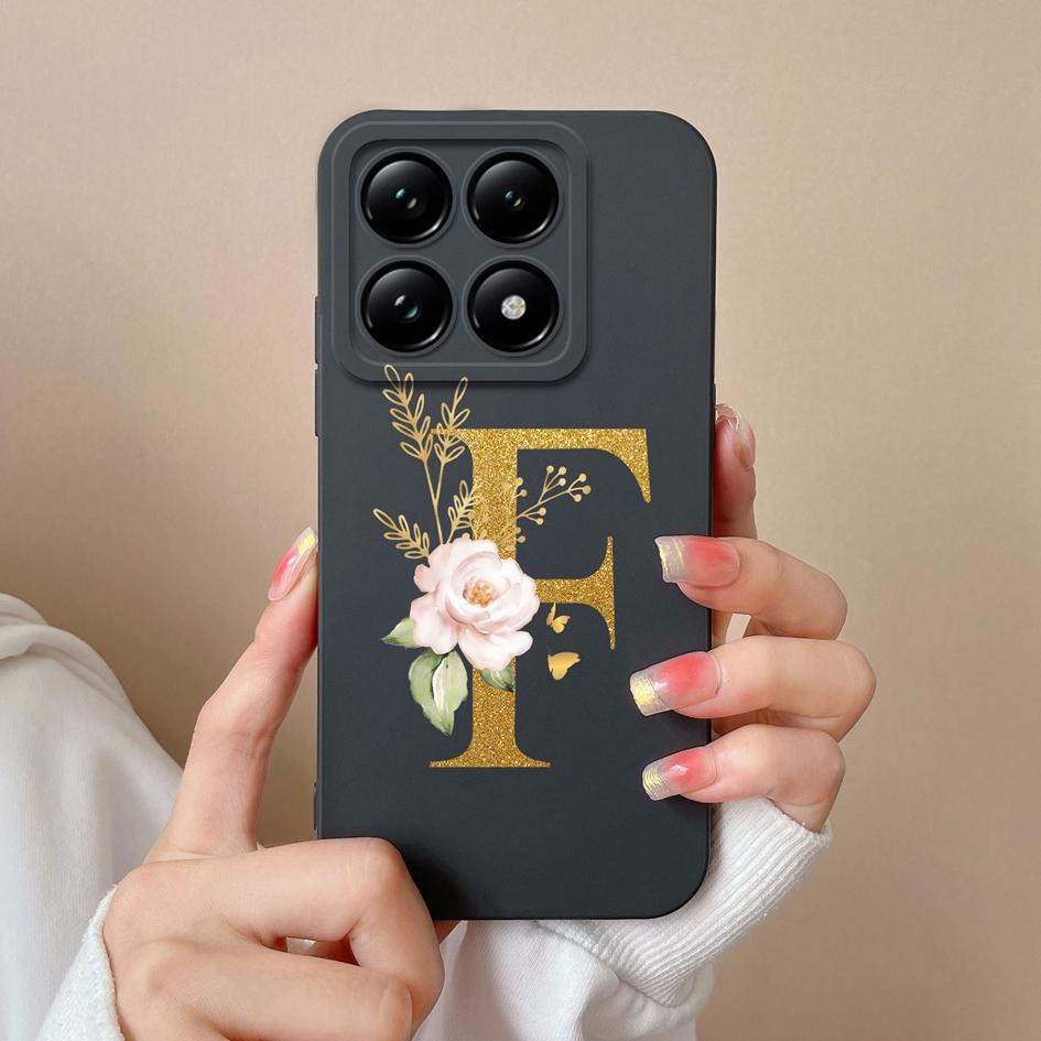 Liquid Soft Silicone Bumper For Xiaomi 14T Pro 5G 14 T Cover Pretty 26 Flower Letters Cases Anti Drop Housing Phone Shell Fundas