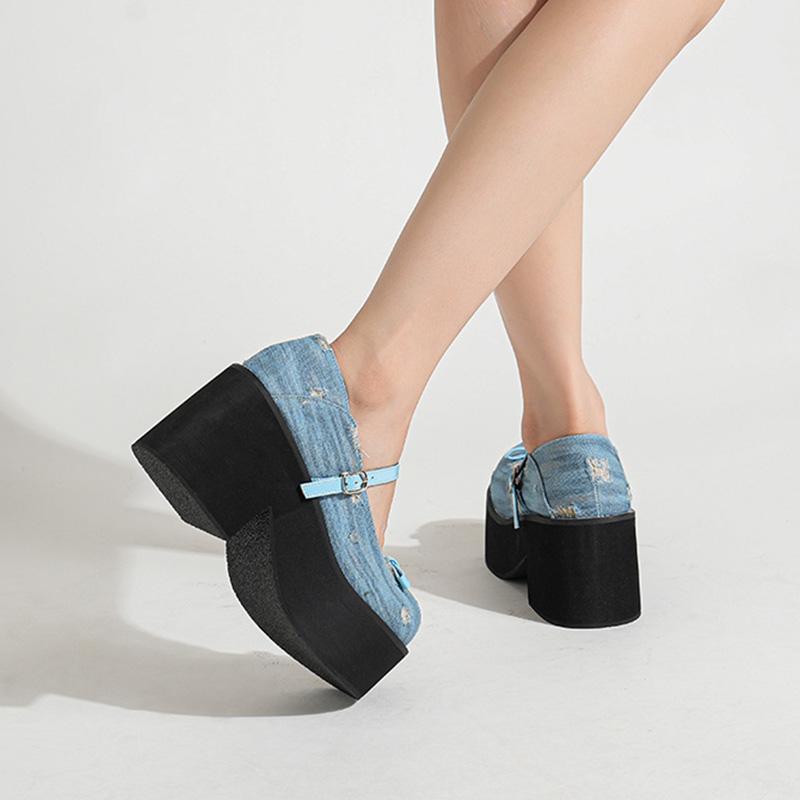 Varf rotund Street Style Designer Albastru Denim Platformă grosime Tocuri înalte Femei Pompe Moda cu cataramă Curea pantofi Mary Janes
