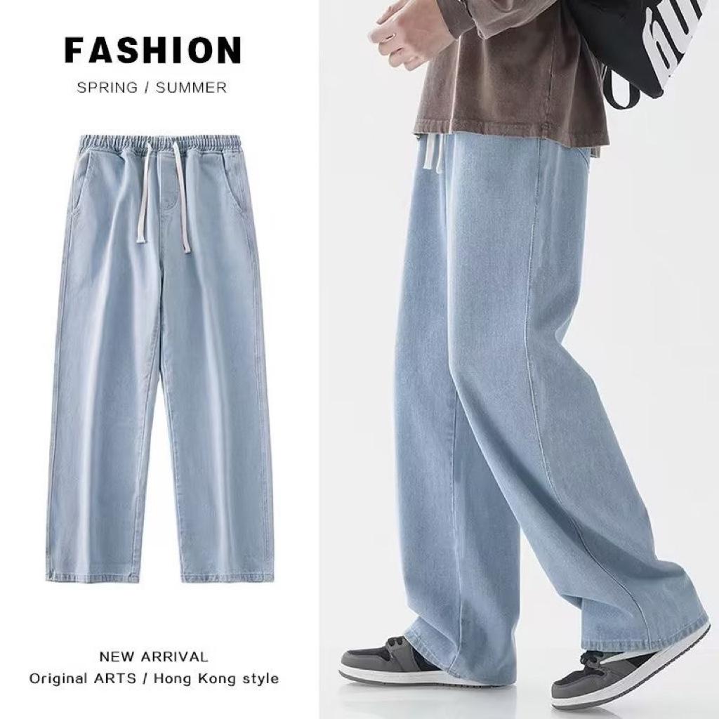 Men's Elastic Waist Light Jeans - Loose, Straight-Leg, Wide & Floor-Length Casual Pants