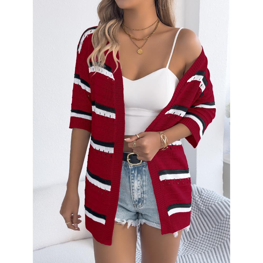 

Женский весенне-летний праздничный повседневный полосатый трикотаж с вырезом и средним рукавом XL бордовый