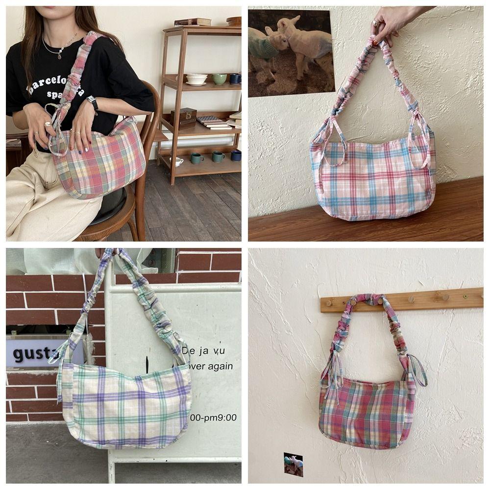 Sweet Pleated Dumpling Bag Large Capacity Women Chic Underarm Bag Cute Lattice Tote Bag Outdoor