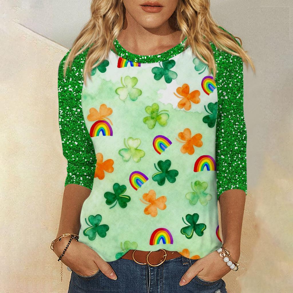 Frauen St. St. Patrick's Day Print Rundhals Dreiviertelarm Oberteil