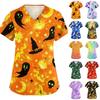 Women's V Neck Short Sleeve Work Top with Pockets Halloween Print Nurse Medical Uniform Scrub Shirt for Healthcare Professionals