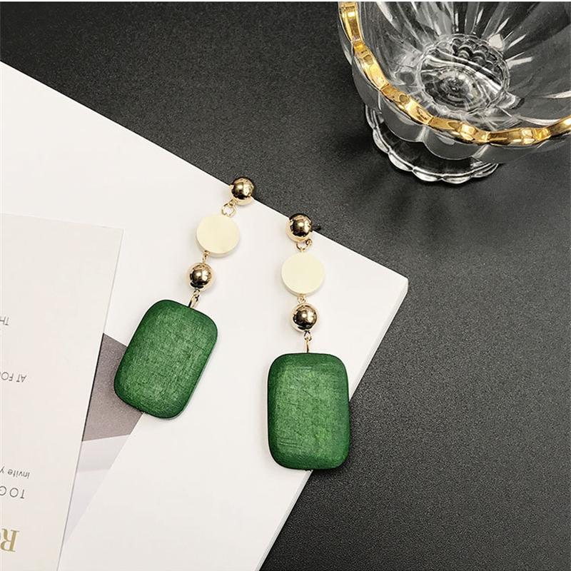 Green Square Pendants Wooden Hanging Earrings for Women Bohemian Long Exaggerated Drop Earrings Trendy Fashion Ear Zircon