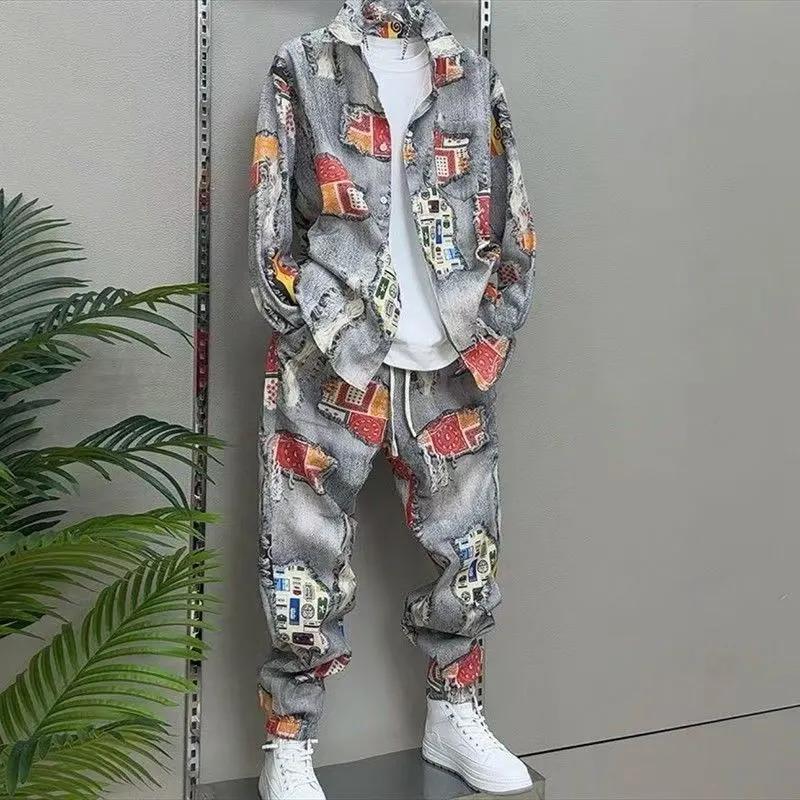 Camicia da Uomo Retro Stampa Giornale Bottoni Manica Lunga Casual Streetwear Top Primavera Estate