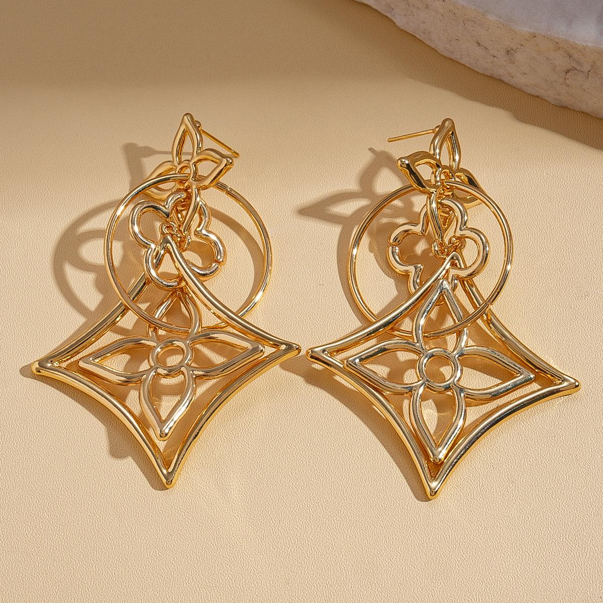 18K real gold electroplated hollow flower rhombus silver needle earrings cold wind niche earrings