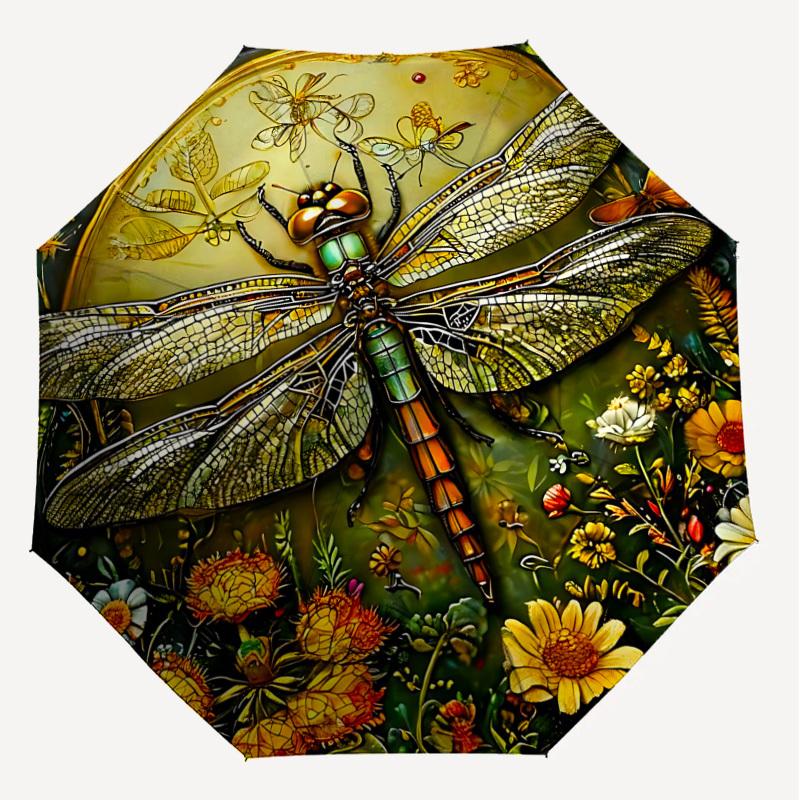 1PC Dragonfly FlowersAutomatic Open/Close Umbrella with Windproof, 8-Rib Sturdy Canopy, Durable Ribs, Fashionable Design, Outdoor Accessory, Fun Prin,