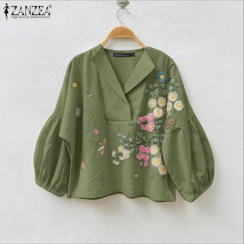 ZANZEA Women Casual V-Neck Loose Long Sleeve Floral Blouse