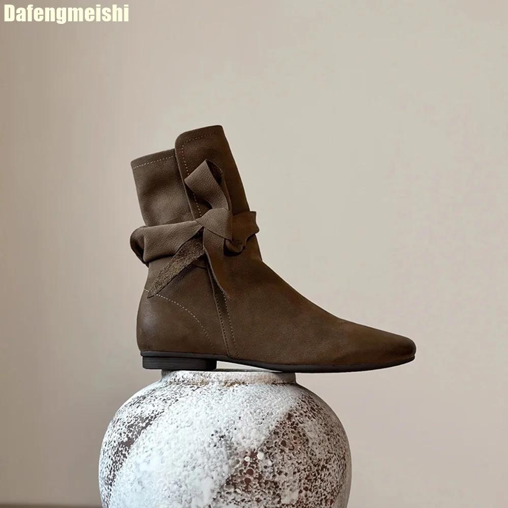 

Cowhide Ankle Wrapped Straps Retro Boots Women 2025 Autumn Winter 5.5 Cm Height-Enhancing Knight Boots Black/brown Short Boots 40