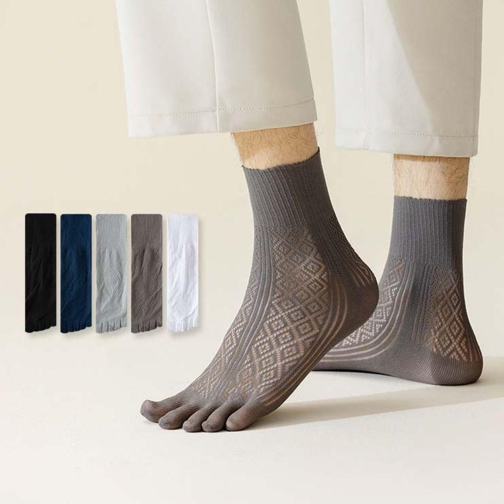 5Pairs Anti-Odor Male Five Toe Socks Check Mid-calf Stockings Five Finger Socks Men  Spring Summer