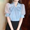 Navava Women Lovely Ribbon Neck Puff Short Sleeve Blouse Nb2700
