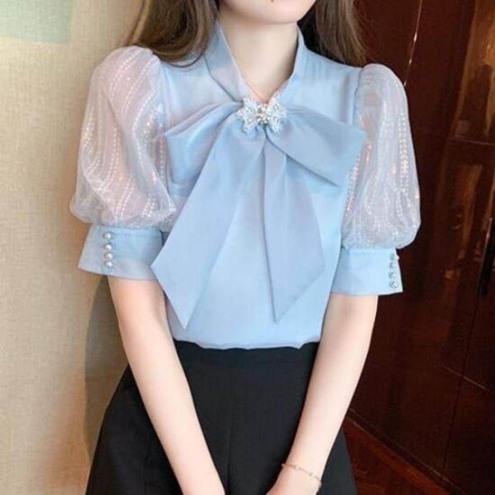Navava Women Lovely Ribbon Neck Puff Short Sleeve Blouse Nb2700