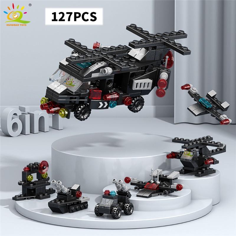 HUIQIBAO 6IN1 Stadt Baumaschine Polizeiwagen Bausteine Panzer Hubschrauber Steine Feuerwehr Set Spielzeug für Kinder