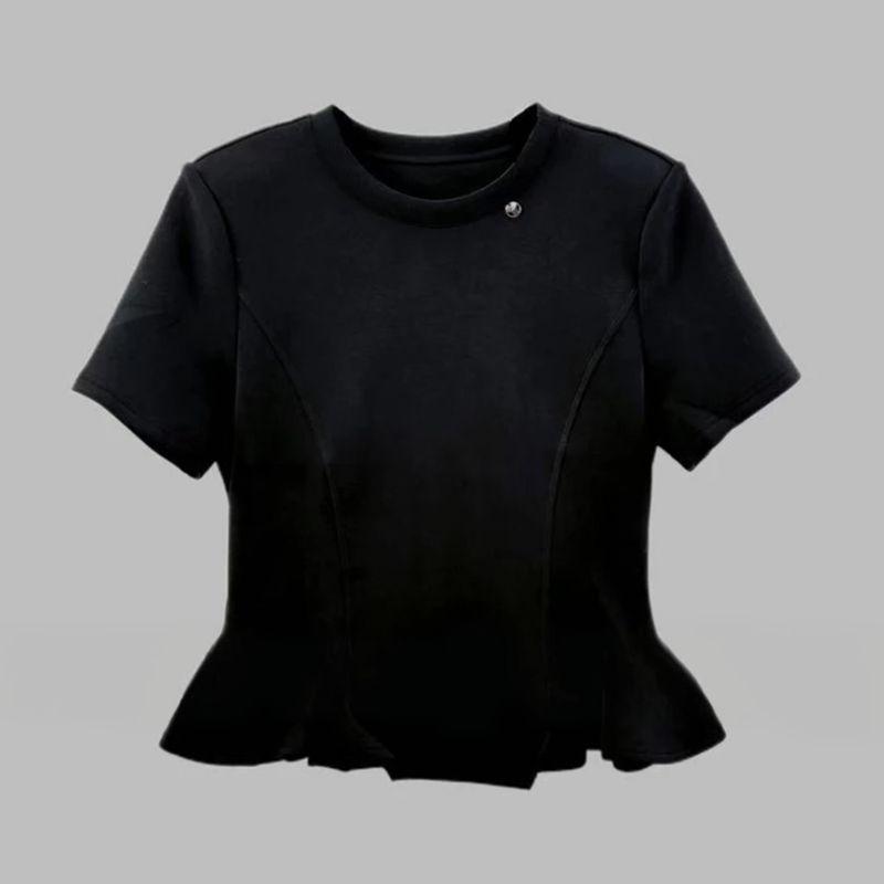 

European Goods Hem Patchwork Ruffled Short Sleeves T-shirt Female 2025 Spring and Summer Fashionable Stylish Niche Style Design Blouse Black M