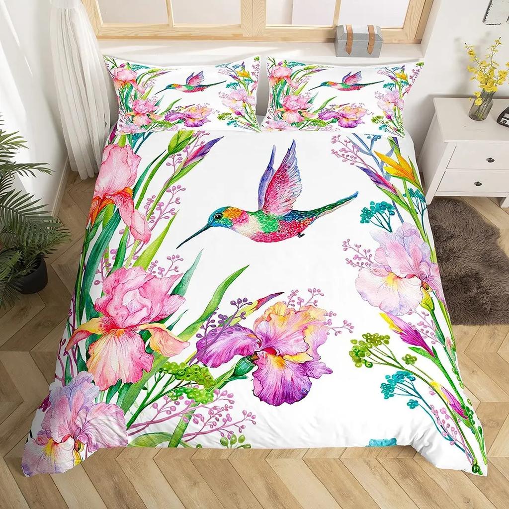 Kolibri Bettbezug-Set Doppelgröße Mädchen Gartenvögel Bauernhaus Blume Floral Bettwäsche-Set Kolibri-Liebhaber Bettdeckenbezug