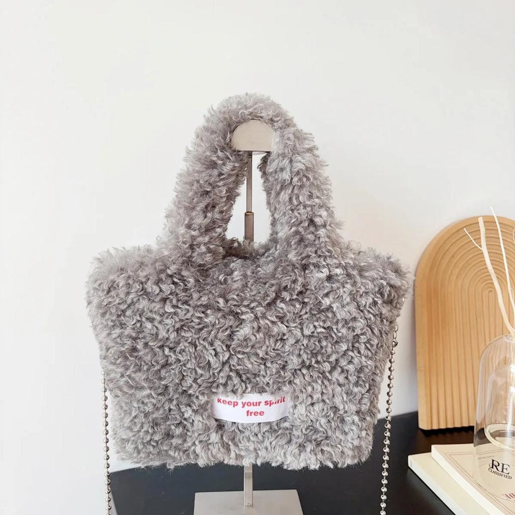 Casual Soft Plush Women's Handbags Tote Purse Simple Furry Ladies Bucket Crossbody Bags Faux Lamb Wool Female Shoulder Bag