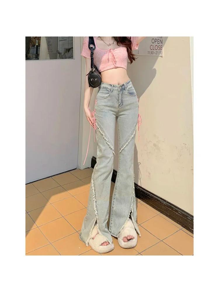 Letní Džínové Vintage Sladké Kalhoty Ženy Slim Šněrovací Korejské Ležérní Zvonové Kalhoty Dámské Japonské Francouzské Elegantní Rozparek Džíny Nové