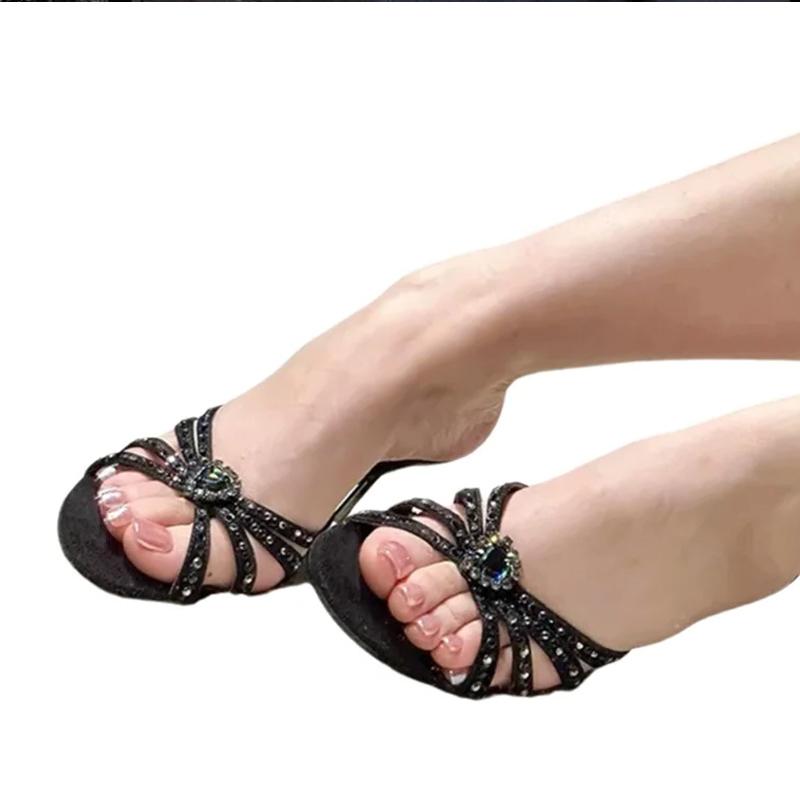 Summer Crystal Gem Buckle Women Slippers Fashion Open Toe Thin High Heels Shoes Street Style Stripper Party Mules Slides
