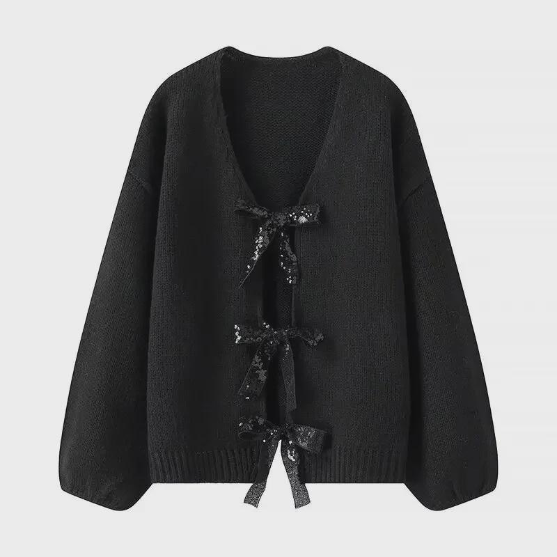 2024 Spring Women's Sequined Bowknot Loose Knitted Cardigan Sweater