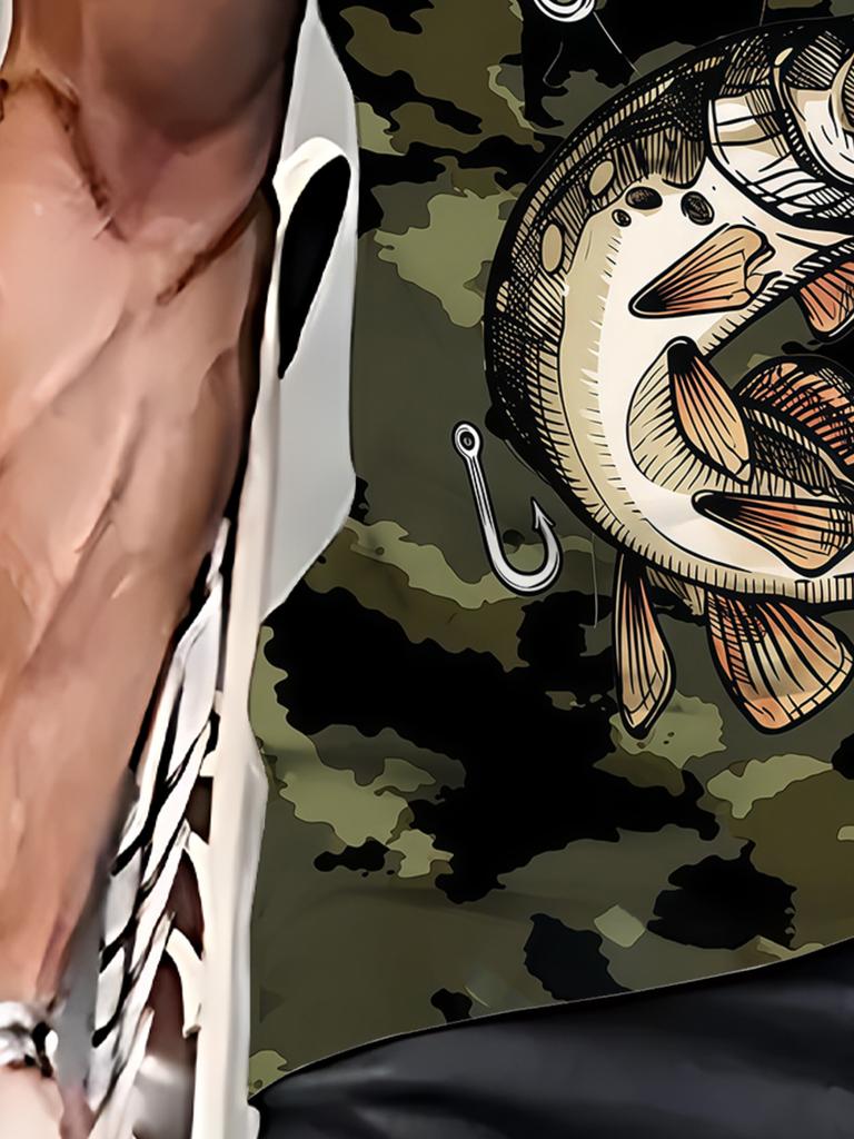 Men's Camouflage Fishing T-Shirt – 3D Fish Print with Hook Design, Casual Round Neck Outdoor Top, Stylish Summer Wear for Hiking, Running, Gym &
