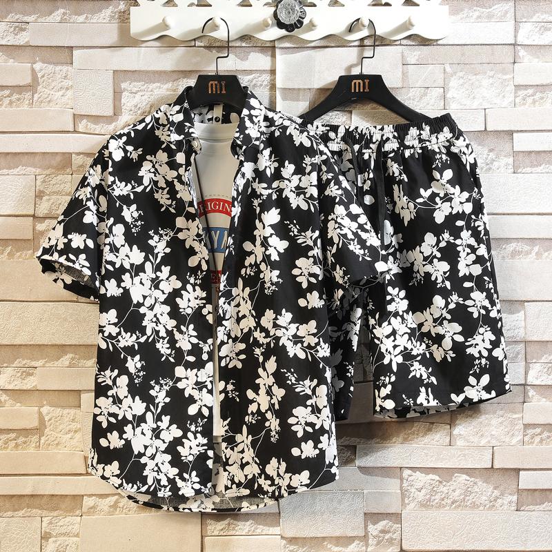 2026 Men's Cotton Beach Vacation Set, Shirt with Matching Drawstring Shorts, 11 Print Options Stylish Summer Suits, Asian Size