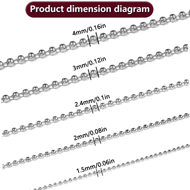 Chaîne à billes rondes de 5 m de large, 1,2 à 4 mm, pour pendentifs ou plaques d'identité, fabrication de bijoux avec connecteurs, vente en gros