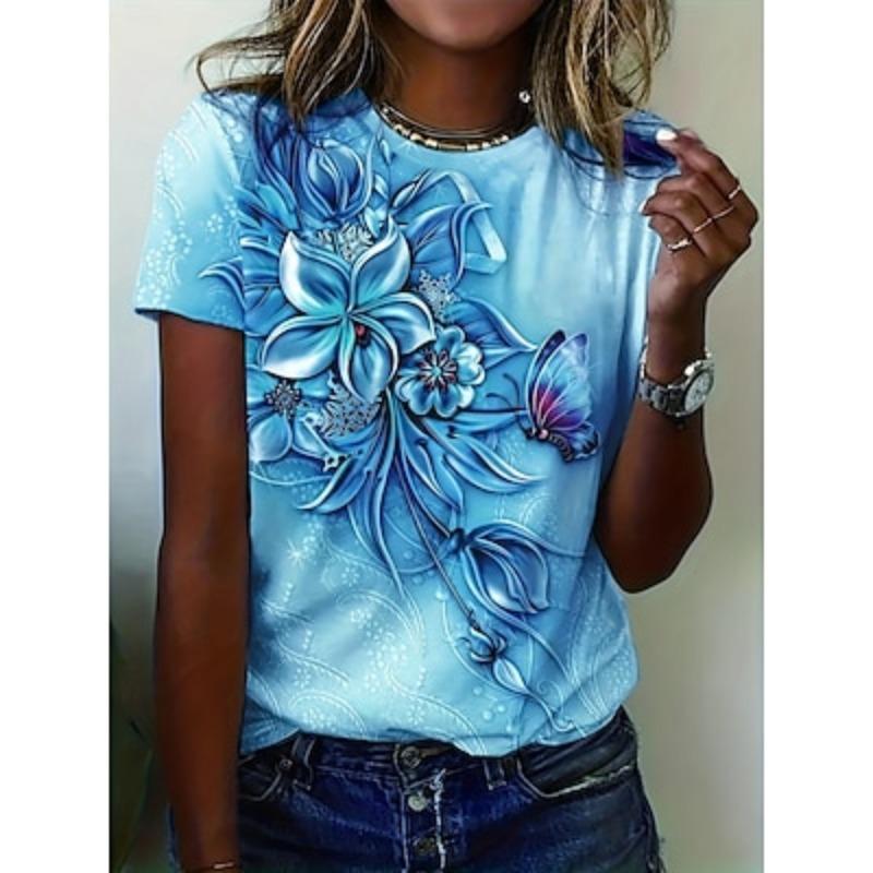 Women's T-shirt Floral Crew Neck Short Sleeve 3D Butterfly Print Elegant Casual Wear Spring Summer Comfort Fit Purple Multisize Fashion Top