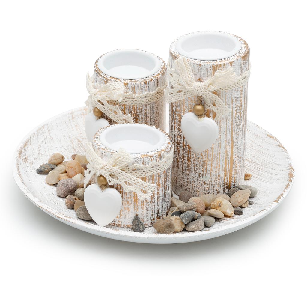 Kerzenständer aus Holz Teelichthalter Kerzenständer Set 3/4 Stück Teelichthalter mit Tablett und dekorativen Kieselsteinen zur Heimdekoration