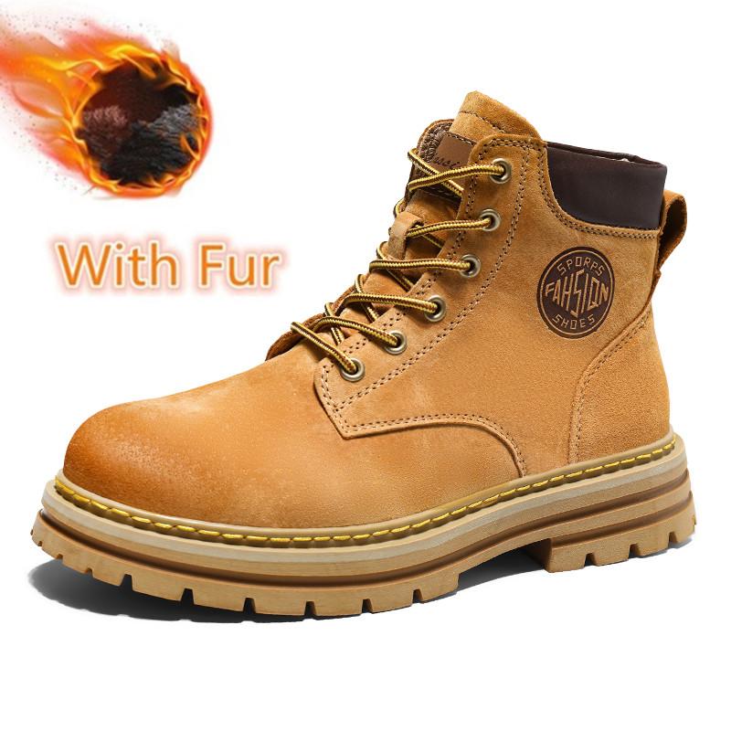 Fashion Lace-Up Men Winter Plush Snow Boots New Stylish Male Shoes High Quality Men's Low Top Boots Leather for Men Motorcycle Boots