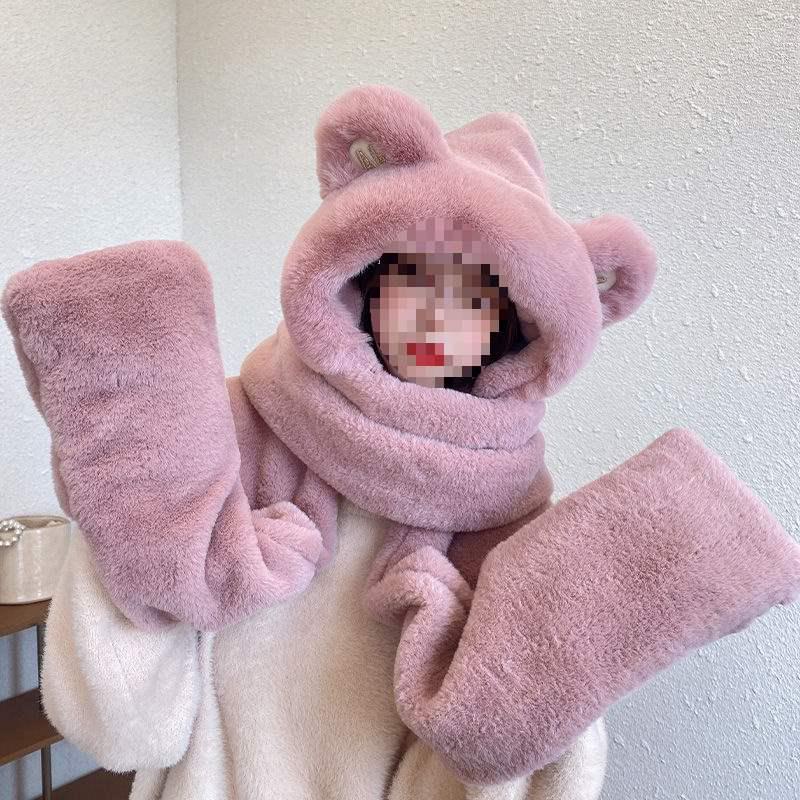 Women's Cute Bear Hooded Scarf Set: Plush Hat, Neck Warmer, and Gloves for Winter