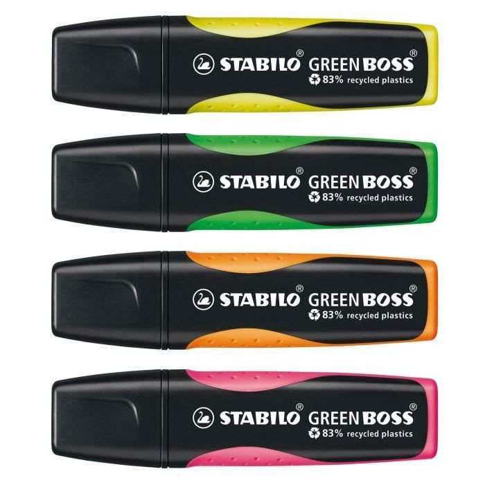 Surligneur - STABILO - GREEN BOSS - Lot De 4 - Éco-responsable - Rechargeable - Plastique Recyclé