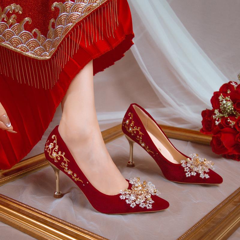 Red wedding shoes autumn new wedding dress Xiuhe two wear bridal shoes multi-heel high-heel single shoes