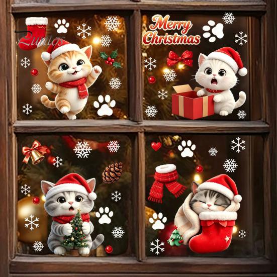 Creative Christmas Gift for Kids Cute Cat Static Glass Sticker, Waterproof PVC Window Decal Holiday Decoration, Home Decor Ornaments Removable