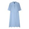Women's Mid-Length V-Neck Cotton-Linen Dress with Short Sleeves and Three-Button Pockets
