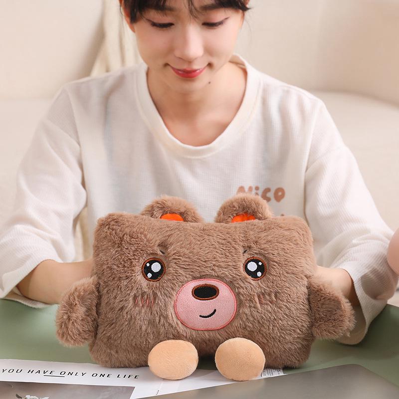 Electric Plush Cartoon Hand Warmer: Rechargeable, Removable, Washable, Double Hand Inserts, Dangling Leg Design.