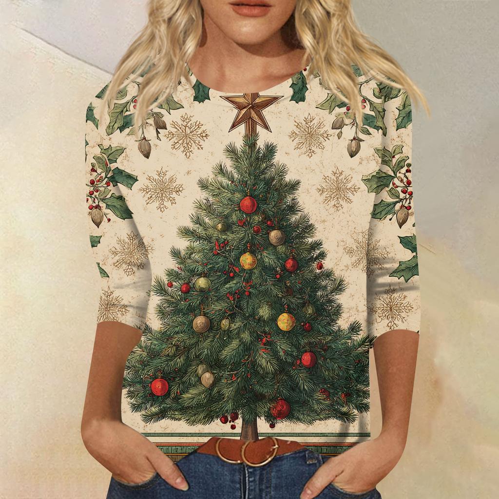Women's Fashion Casual Round Neck Three-quarter Sleeve Christmas Print T-shirt Top