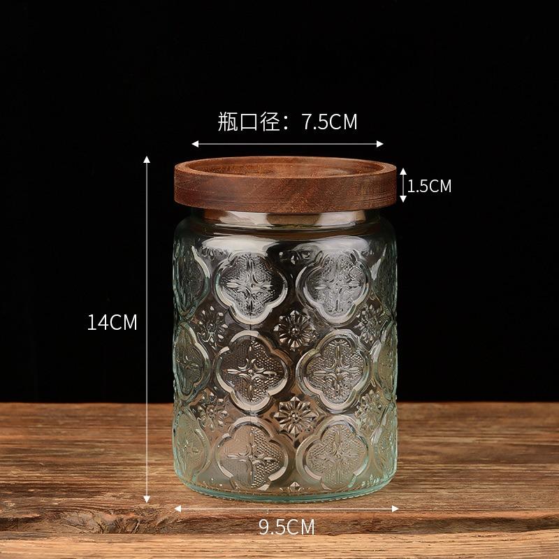 Retro Snowflake Glass Sealed Jar Household Storage Jar Coffee Bean Storage Jar Tea Jar Storage Jar Wooden Cover