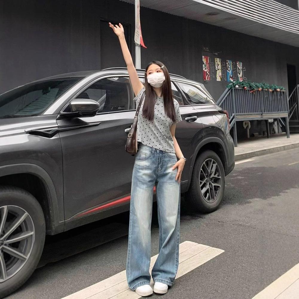 Comfortable Light Blue High Waist Straight Jeans Women Design Sense Embroidery Loose Skinny Drape Wide Leg Trousers Jeans for Women Long Denim Pants