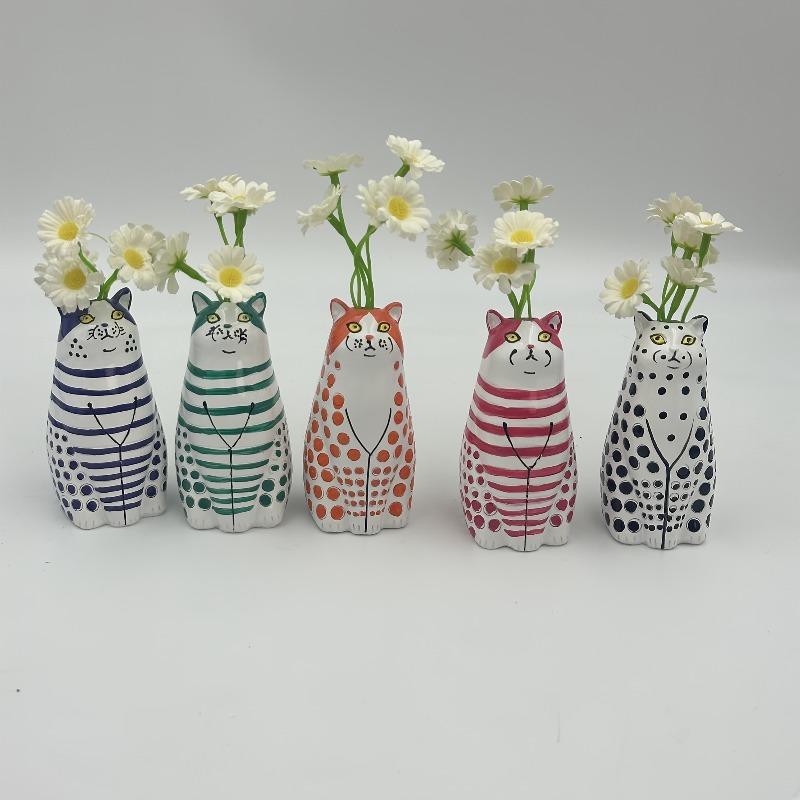5pcs Whimsical Polka Dot Cat Vase Set Resin Flower Pot with Colorful Striped Cats Adorable Mini Decorative Figurine Home Decor