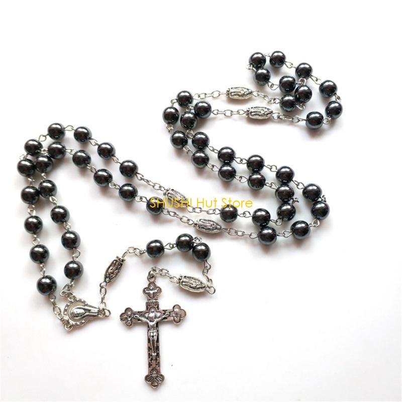 Black Hematite Rosary Necklaces Pendant Church Souvenirs Prayer Long Chain D57B