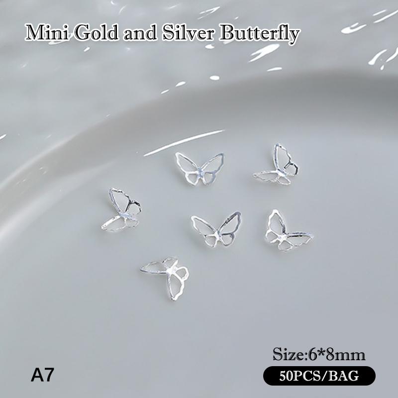 50 Pièces Alliage Creux Papillon Décoration Nail Art Or Argent Métal Charms Papillon pour Ongles DIY Saint-Valentin Pièces Papillon