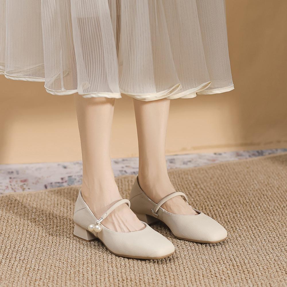 Square Headed Pumps for Women's 2025 Spring New Item Soft Leather Retro French Shallow Mouth Low Heel Mary Jane Shoes Women
