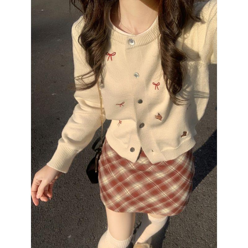 

Нежный Сладкий Вязаный Кардиган Короткий Топ Банты Beige White S [Recommendation 70/45.00kg]]