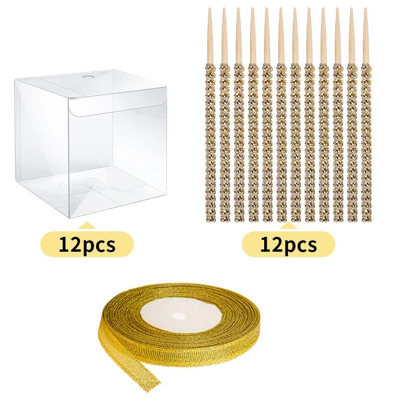 

Коробки для карамельных яблок с отверстием для палочки с блестками, с прозрачными контейнерами, бамбуковыми шпажками со стразами и блестящими лентами 10x10x10cm