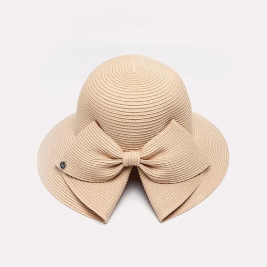 Frauen Sommer Zurück Bowknot Dekor Sonnenhut Breite Krempe Runde Kuppel Atmungsaktive Einstellbare Anti-UV Strand Stroh Hut