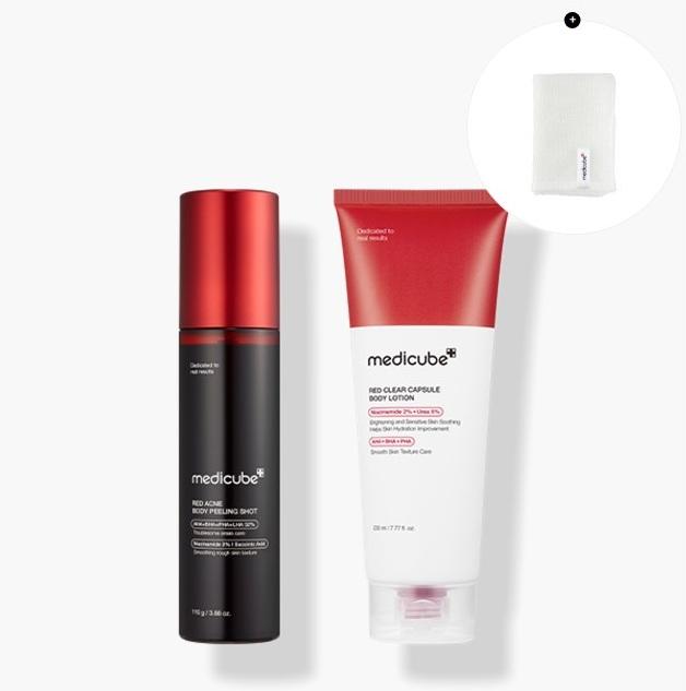 

MEDICUBE Body Hyperpigmentation Brightening Set Red Acne Body Peeling Shot + Red Clear Capsule Body Lotion with Shower Towel