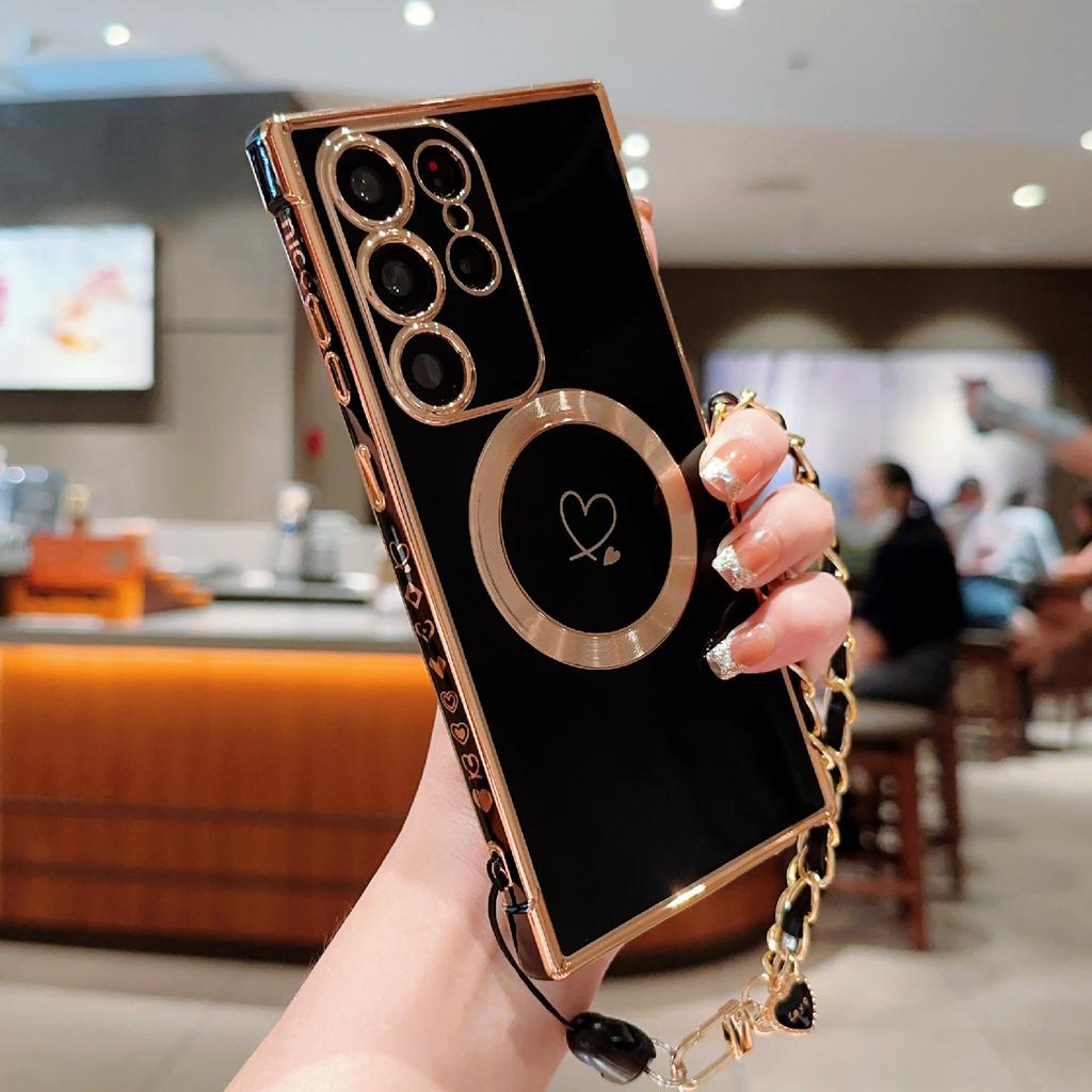 For Samsung Galaxy S24 Ultra Magnetic Case Electroplated Love Hearts TPU Phone Cover with Chain Strap