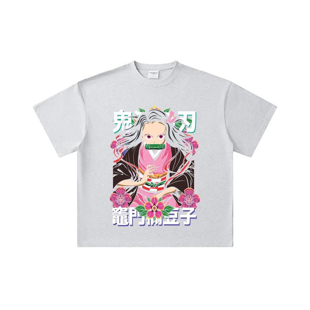 260 GSM Double Yarn 32 Count 100% Cotton Demon Slayer V70 Nezuko Flower Print Unisex Heavy Cotton T Shirt